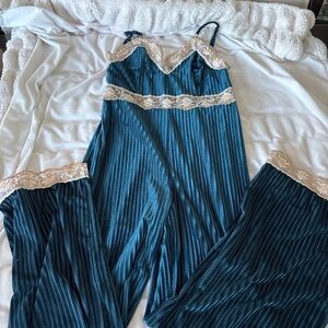 Luxurious Teal Velvet Romper with Lace Trim